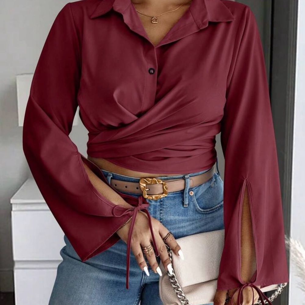 Shein Wrap Around Bell Sleeve Blouse NWOT